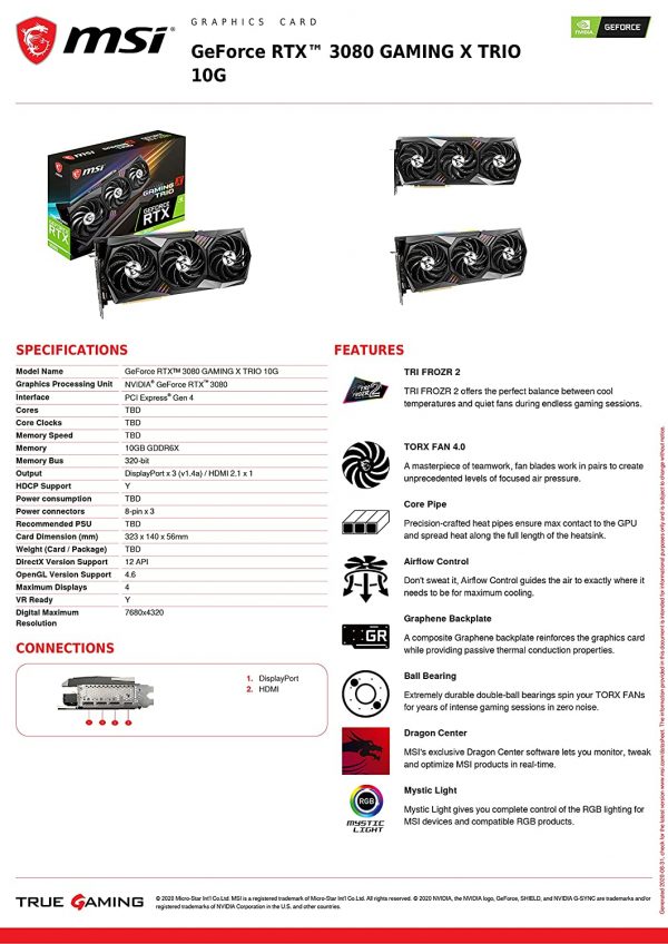 MSI GeForce RTX 3080 Gaming X Trio 10G I 10GB GDDR6X I 320-bit I PCI Express Gen 4 Gaming Graphic Card - Image 5