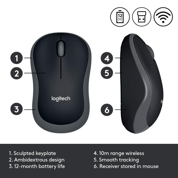 Logitech M185 Wireless Mouse USB for PC Windows, Mac and Linux, Grey with Ambidextrous Design-Black - Image 3