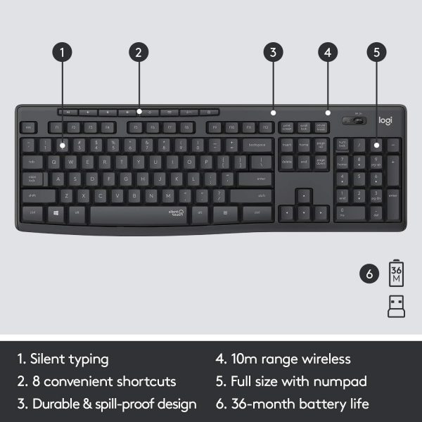 Logitech MK295 Wireless Keyboard and Mouse Combo - SilentTouch Technology, Full Number Keyboard, Shortcut Buttons, Nano USB Receiver, 90% Less Noise - Black - Image 8