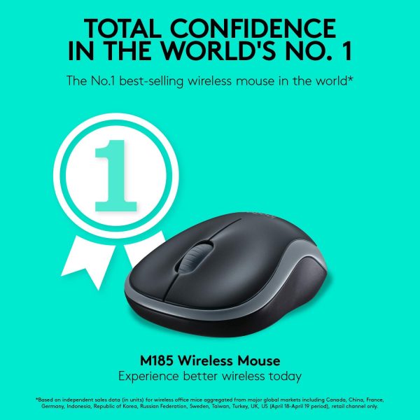 Logitech M185 Wireless Mouse USB for PC Windows, Mac and Linux, Grey with Ambidextrous Design-Black - Image 8