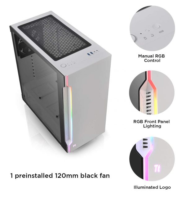 Thermaltake H200 Tempered Glass Snow Edition RGB Light Strip ATX Mid Tower Case with One 120mm Rear Fan Pre-Installed CA-1M3-00M6WN-00 - Image 4