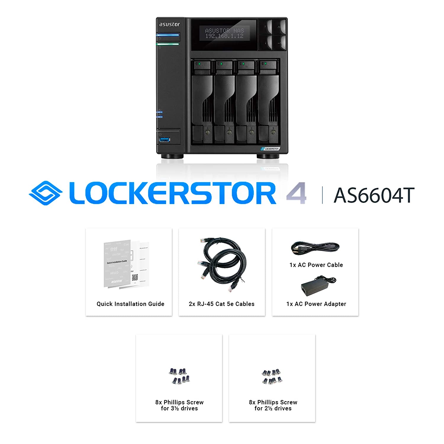 Two 2.5GbE Port AS6604T Asustor Lockerstor 4 Three 3.2USB Port Quad-Core Network Attached Storage 4 Bay Diskless NAS 4GB RAM DDR4 HDMI 2.0 Output 