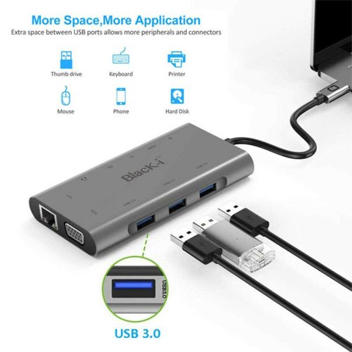 HUB 10 in 1 - USB-C, Audio, LAN, HDMI, VGA, SD, Micro SD, 3x USB 3.0