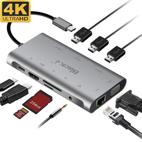 BLACK-i TYPE-C 10 In 1 Hub (HDMI , VGA , Gigabit Lan, USB3.0 , Card Reader  and PD ) – Pam Infotech