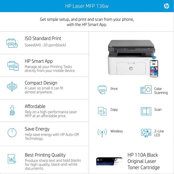 HP Laserjet 136w Laser Monochrome Print, Scan, Copy   with Direct Wi-Fi, Compact Design, Fast Printing - Image 5