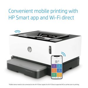 HP Neverstop 1000w WiFi Enabled  Monochrome Laser Printer, 80% Savings on Genuine Cartridge, Self Reloadable with 5X Inbox Yield, Smart Tasks with HP Smart App, Low Emission & Clean Air Quality