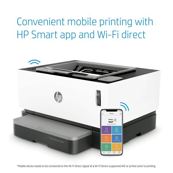 HP Neverstop 1000w WiFi Enabled  Monochrome Laser Printer, 80% Savings on Genuine Cartridge, Self Reloadable with 5X Inbox Yield, Smart Tasks with HP Smart App, Low Emission & Clean Air Quality