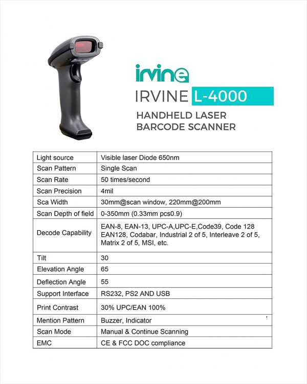 Irvine L-4000 Wired Handheld Laser Barcode Scanner - Image 2