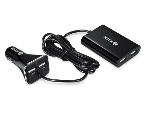Zoook Roadster 4 Port Hi-Speed USB Car Charger & Extension Hub with 6 Feet (1.8 Meter) Cable & Back Seat Clip