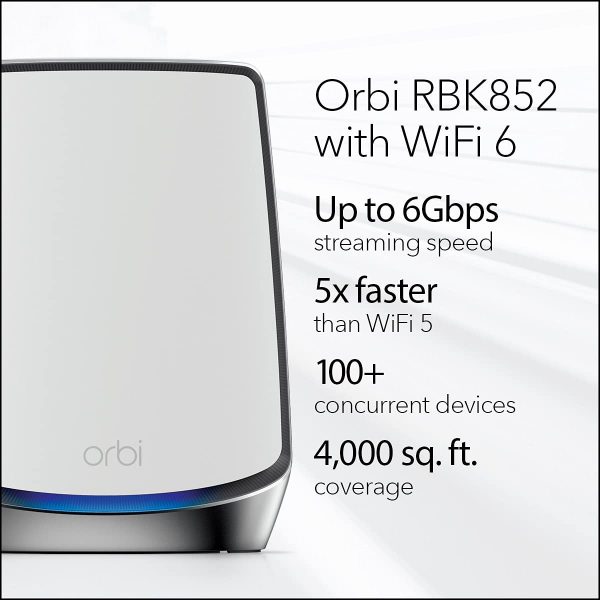 Netgear Orbi Whole Home Tri-Band Mesh WiFi 6 System (RBK852) – Router with 1 Satellite Extender | Coverage up to 5,000 sq. ft. and 60+ Devices | 11AX Mesh AX6000 WiFi (Up to 6Gbps) - Image 3
