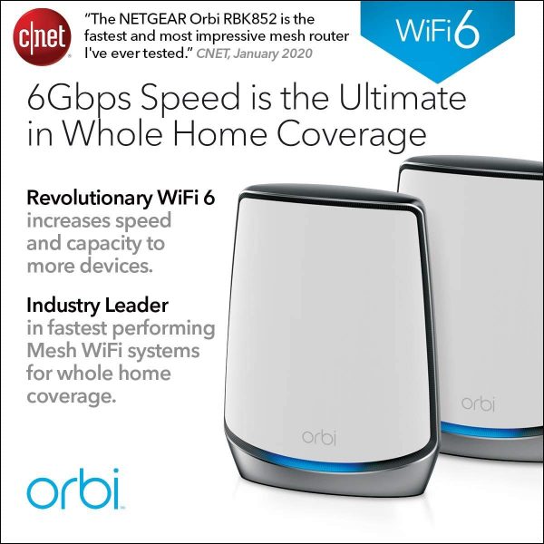 Netgear Orbi Whole Home Tri-Band Mesh WiFi 6 System (RBK852) – Router with 1 Satellite Extender | Coverage up to 5,000 sq. ft. and 60+ Devices | 11AX Mesh AX6000 WiFi (Up to 6Gbps) - Image 4
