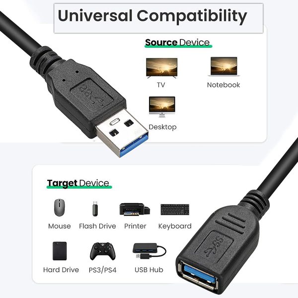 USB 3.0 Male A to Female A Extension Cable Speed 5GBps for Laptop/PC/Printers - 3 meter Black - Image 2