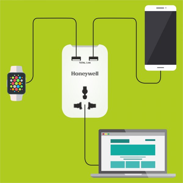 HONEYWELL TRAVEL SURGE SINGLE SOCKET WITH 2 X USB PLATINUM HC000011/SRG/TRV/WHT/1/2U - Image 3