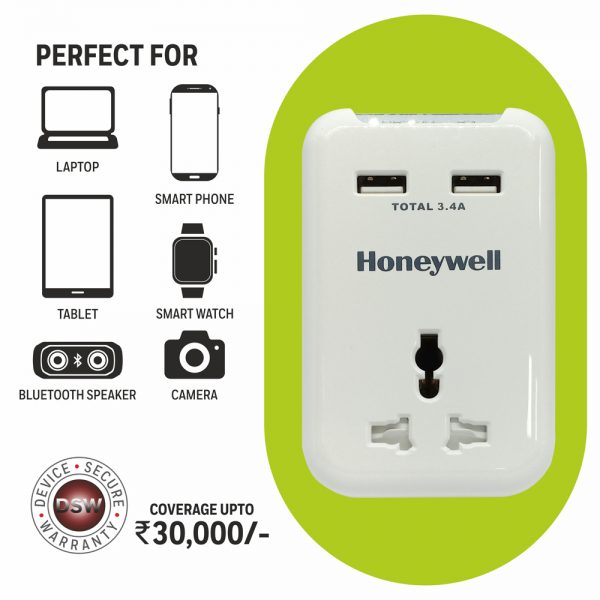 HONEYWELL TRAVEL SURGE SINGLE SOCKET WITH 2 X USB PLATINUM HC000011/SRG/TRV/WHT/1/2U - Image 5