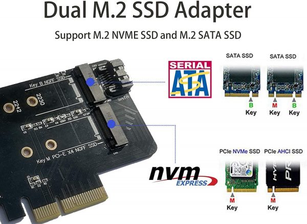 Dual M.2 PCIE Adapter for SATA or PCIE NVMe SSD, M.2 SSD NVME (m Key) and SATA (b Key) 2280 2260 2242 2230 to PCI-e 3.0 x 4 Host Controller Expansion Card - Image 6