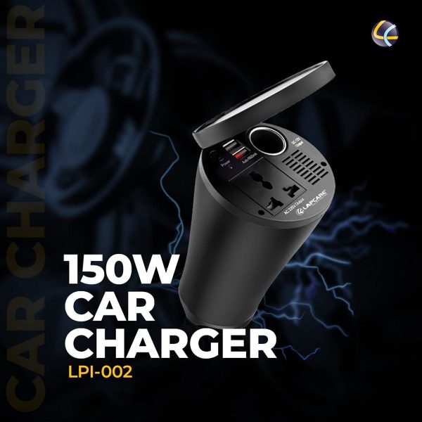 Lapcare 150W Portable Smart Car Charger with Dual USB Fast Charging Port, AC pin, Cigarette Lighter.