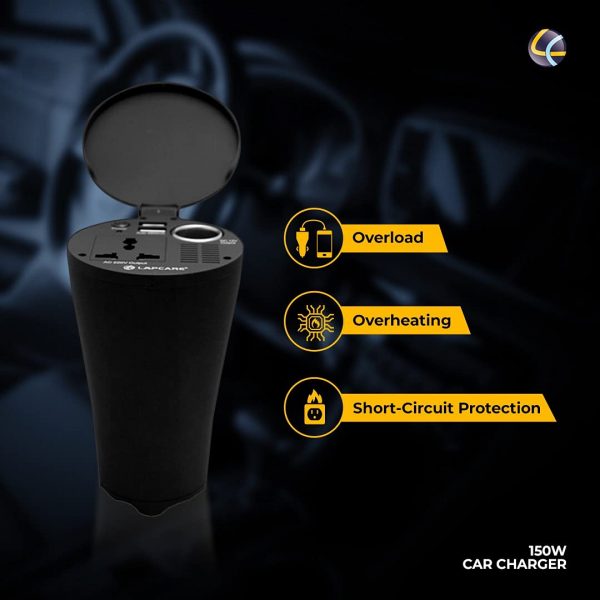 Lapcare 150W Portable Smart Car Charger with Dual USB Fast Charging Port, AC pin, Cigarette Lighter. - Image 4