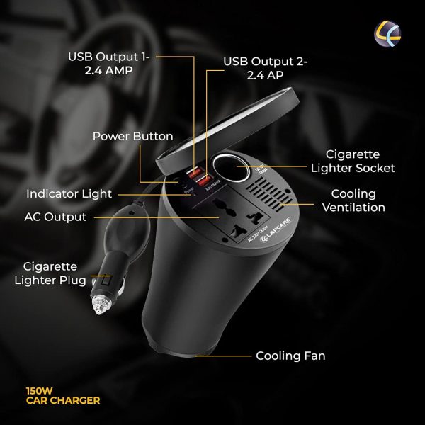 Lapcare 150W Portable Smart Car Charger with Dual USB Fast Charging Port, AC pin, Cigarette Lighter. - Image 2