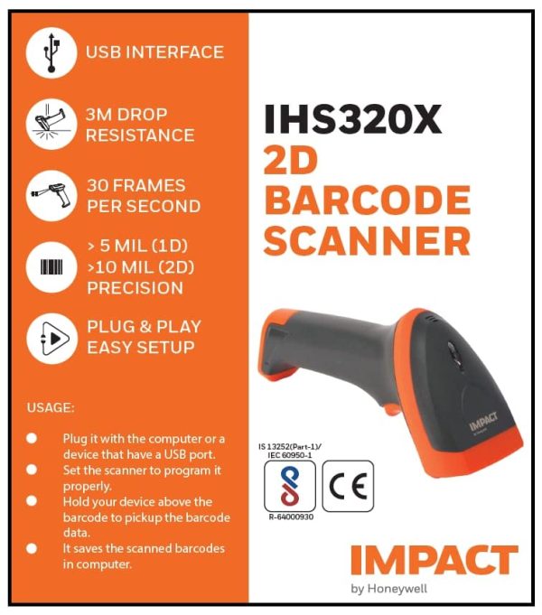 Honeywell IHS320X 2D Barcode Scanner BIS Approved, Handled 2D USB Wired Reader Optical Laser High Speedscanners - Image 4
