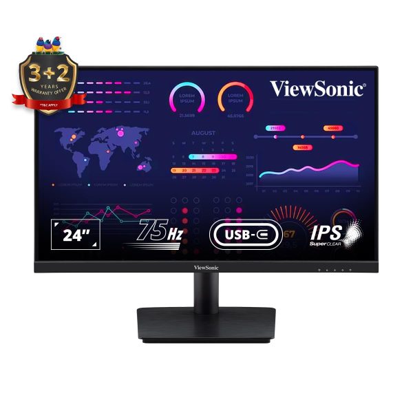 ViewSonic 24 Inch IPS FHD 1080p USB Type C Single Cable Solution Monitor With 65W Laptop Charge Back, 3 side Bezel Less, HDMI,VGA,USB C, Dual Speaker and 5-year warranty upon Registration - VA2409-MHU