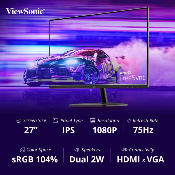 ViewSonic 27 Inch IPS FHD 75Hz AMD Free Sync with 2W*Speakers, HDMI, VGA, Wall Mount, Bezel Less, View Mode, Eye-Care, Flicker Free, Srgb105% & 5 Year Warranty Upon Registration- VA2732-MH - Image 5