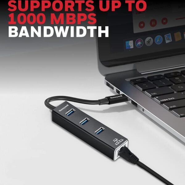Honeywell 4-in-1 Type C 3.1 to USB 3.0 with Rj45 Gigabit Ethernet Adapter, 3X3.0 USB Ports Transfer Speed 5Gbps, 1Gbps Bandwidth, Compatible with All Type C Macbooks, Laptops, Pcs, Tablets Black - Image 3