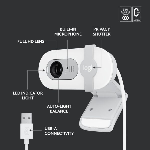 Logitech Brio 100 Full HD Webcam for Meetings and Streaming, Auto-Light Balance, Built-in Mic, Privacy Shutter, USB-A, for Microsoft Teams, Google Meet, Zoom and More- OffWhite - Image 7