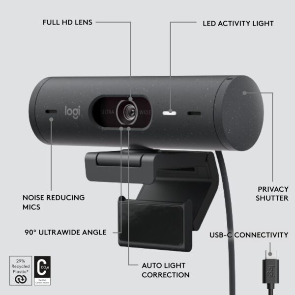 Logitech Brio 500 Full HD Webcam with Auto Light Correction,Show Mode, Dual Noise Reduction Mics, Webcam Privacy Cover, Works with Microsoft Teams, Google Meet, Zoom, USB-C Cable - Graphite - Image 3