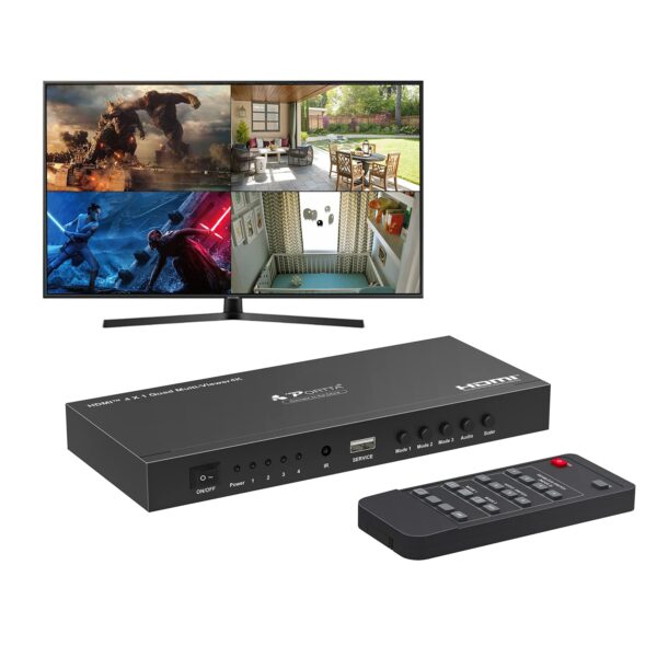 HDMI Multiviewer Switch 4x1,PORTTA HDMI Quad Multi-Viewer Seamless Switcher 4 in 1 Out with Loop, Audio Extractor to Stereo,4K,5 Viewing Modes for Security Camera, Gaming Consoles (Multiviewer 4K30Hz)