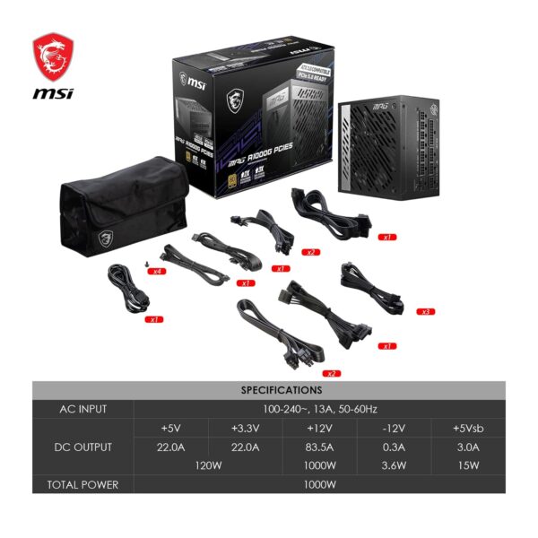 MSI MPG A1000G PCIE5 Digital Power Supply (PSU): ATX3.0, PCIe 5.0, 1000 Watt,0% RPM, Full Modular, Flat Cable,80 Plus Gold Certified,100% Japanese 105°C Capacitors, Compact Size, ATX Power Supply - Image 4
