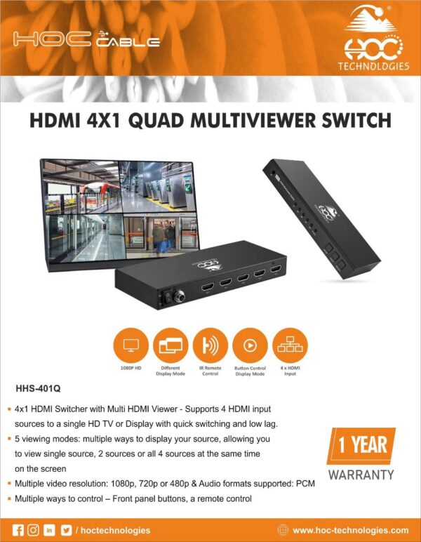 HDMI Multiviewer Switch 4x1,PORTTA HDMI Quad Multi-Viewer Seamless Switcher 4 in 1 Out with Loop, Audio Extractor to Stereo,4K,5 Viewing Modes for Security Camera, Gaming Consoles (Multiviewer 4K30Hz) - Image 8
