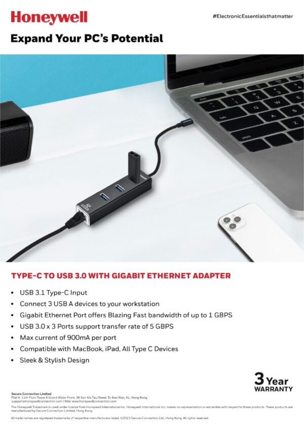 Honeywell 4-in-1 Type C 3.1 to USB 3.0 with Rj45 Gigabit Ethernet Adapter, 3X3.0 USB Ports Transfer Speed 5Gbps, 1Gbps Bandwidth, Compatible with All Type C Macbooks, Laptops, Pcs, Tablets Black - Image 7