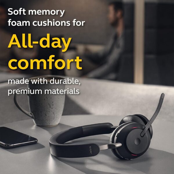 Jabra Evolve2 65 MS Wireless On Ear Headphones with Link380c, Stereo, Wireless Bluetooth Headset for Calls and Music, 37 Hours of Battery Life, Passive Noise Cancelling Headphones (Black) - Image 2