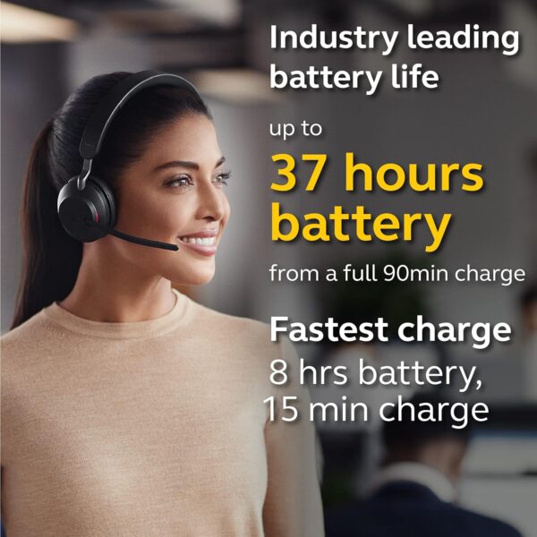 Jabra Evolve2 65 MS Wireless On Ear Headphones with Link380c, Stereo, Wireless Bluetooth Headset for Calls and Music, 37 Hours of Battery Life, Passive Noise Cancelling Headphones (Black) - Image 3